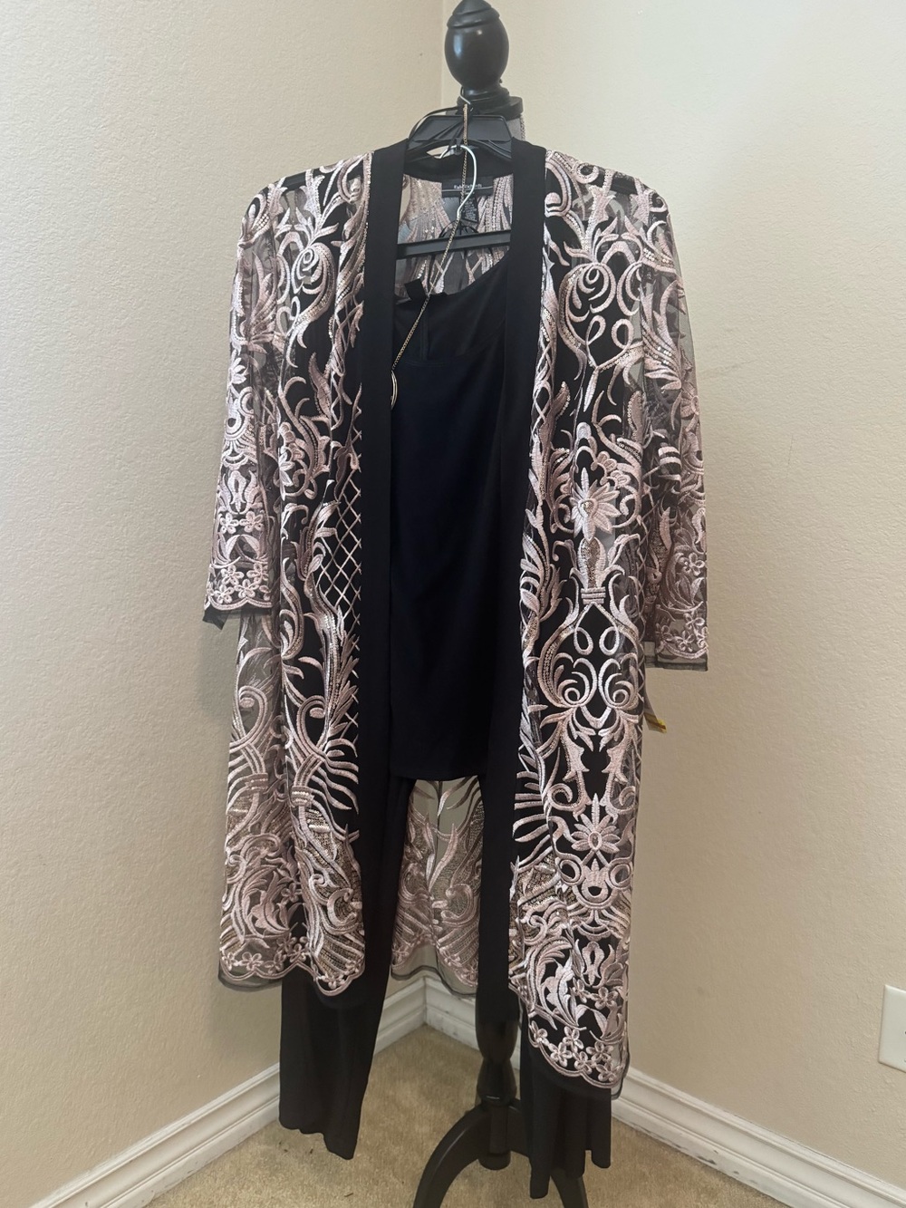 R&M Richards Black Sheer Embroidered Kimono with Blush Detail